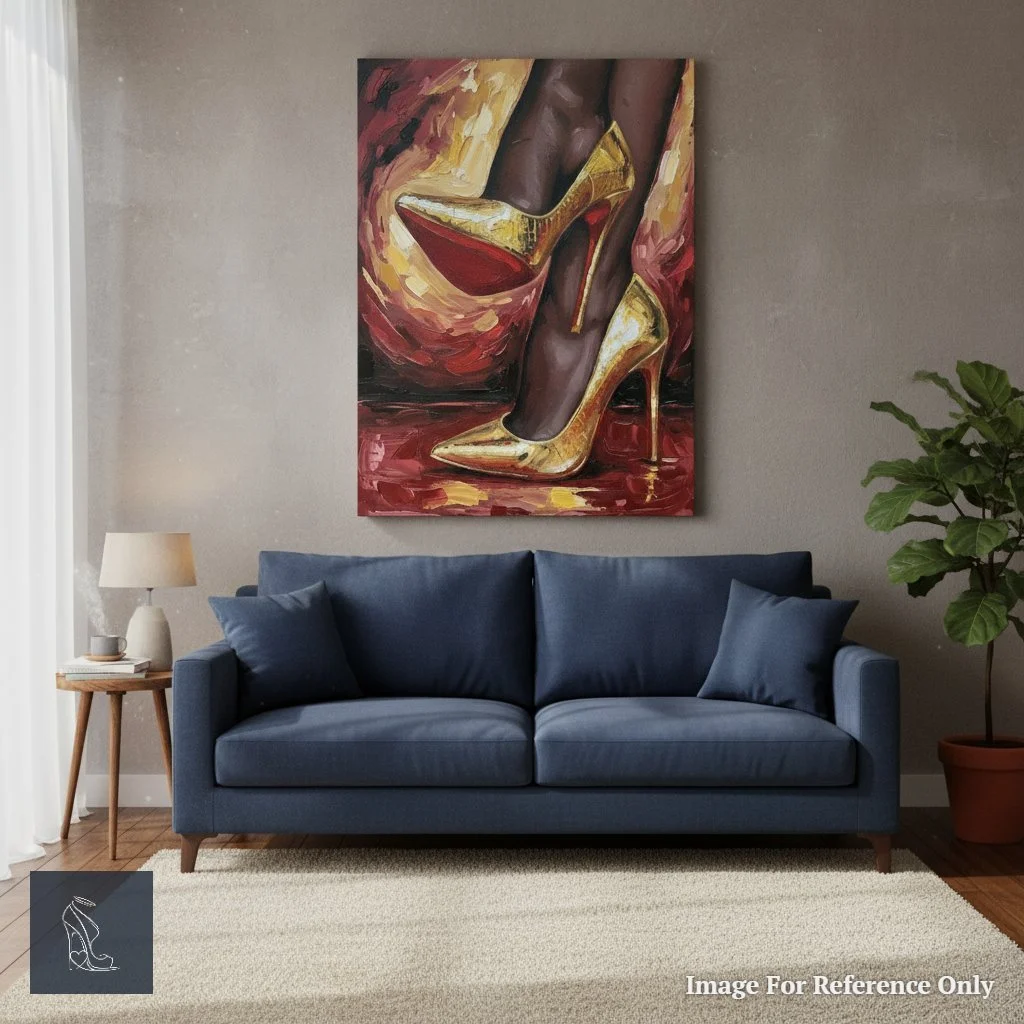 Mark Lee's 'Lulu's Gilded Ascent,' an artwork depicting seductive golden stiletto heels, hanging as a focal point in a luxurious living room.
