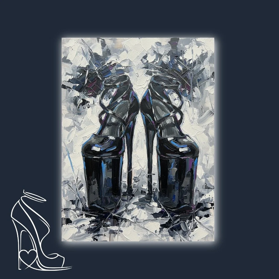 An intensely textured oil painting by Mark Lee, 'Ascendant Soles' powerfully depicts a pair of glossy black stiletto high heels with exaggerated platforms.
