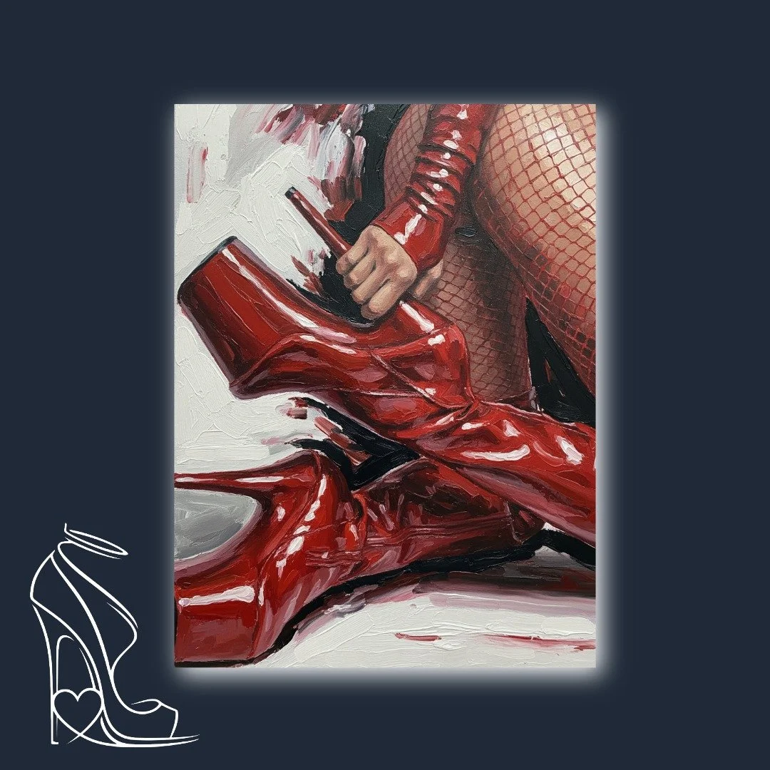 An oil painting depicting a figure in striking red patent leather thigh-high platform stiletto boots and fishnet stockings, embodying total submission and powerful seduction.
