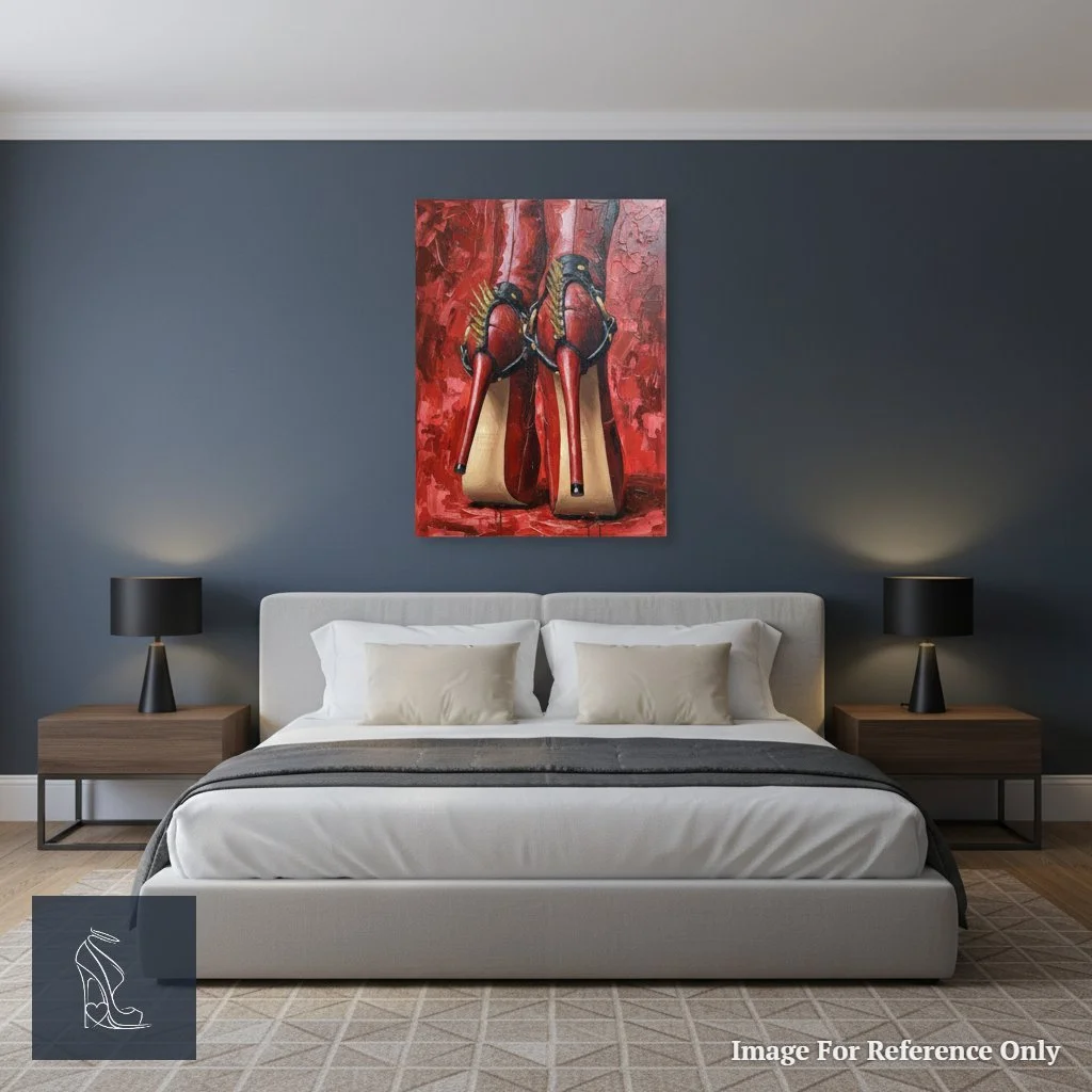 The striking 'Crimson Dominion' stiletto heel fetish art displayed above a modern bed, adding a bold, sensual focal point to the bedroom decor.