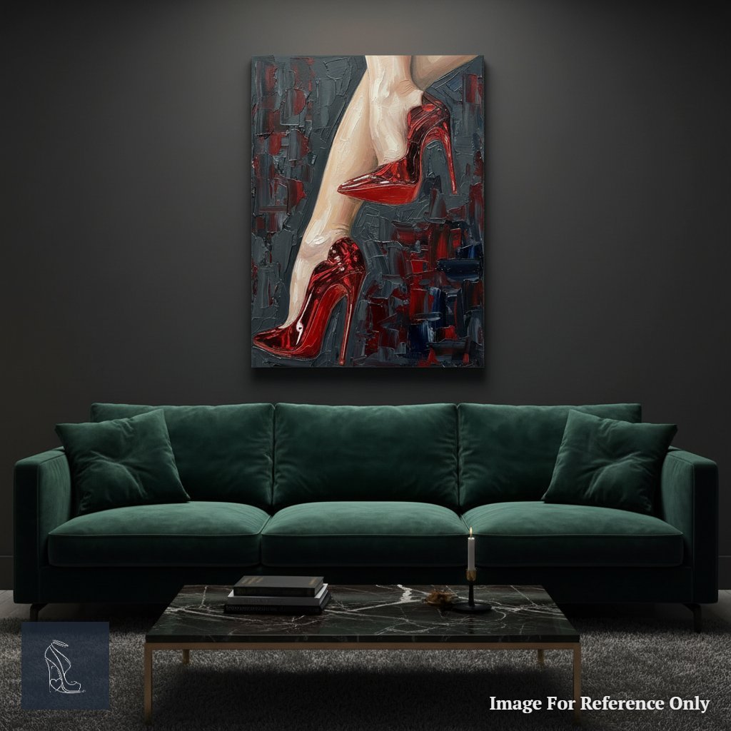 The striking 'Crimson Command' stiletto art by Mark Lee, featuring alluring red heels, becomes a bold statement piece in a contemporary luxury living room with dark accents.