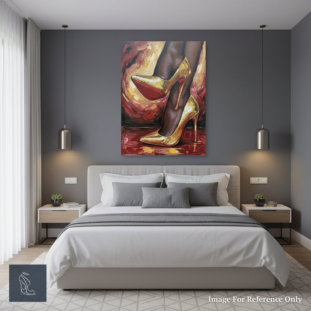 Mark Lee's 'Lulu's Gilded Ascent' oil painting, featuring golden stilettos and red soles, displayed elegantly on a bedroom wall above a minimalist bed.