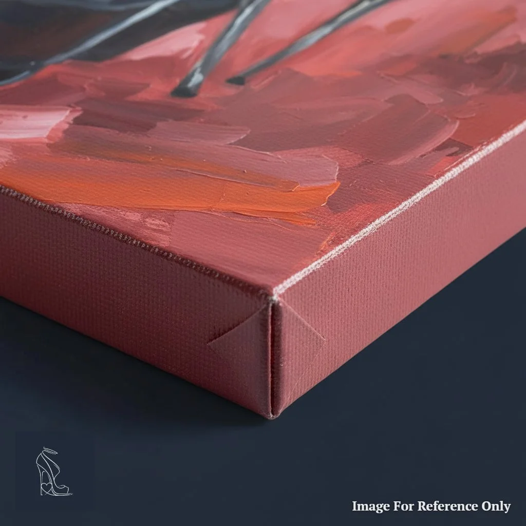 Close-up detail of Mark Lee's 'Crimson Ascent,' showing the thick impasto texture on the canvas corner, highlighting the glossy patent leather heel and vibrant paint strokes.