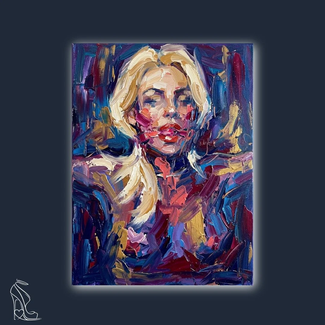 Heavy impasto digital painting of a woman with thick strokes of blue, purple, and gold, emphasizing textural depth.