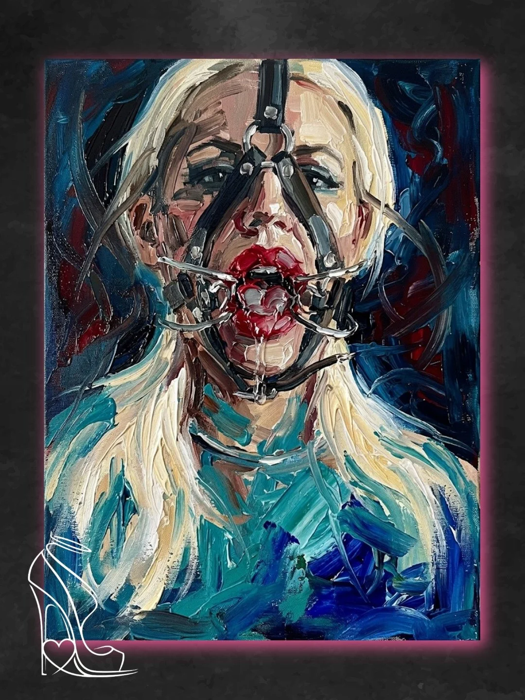 Heavy impasto portrait painting of Taylor Blue in a leather and steel facial bondage harness with red lipstick.