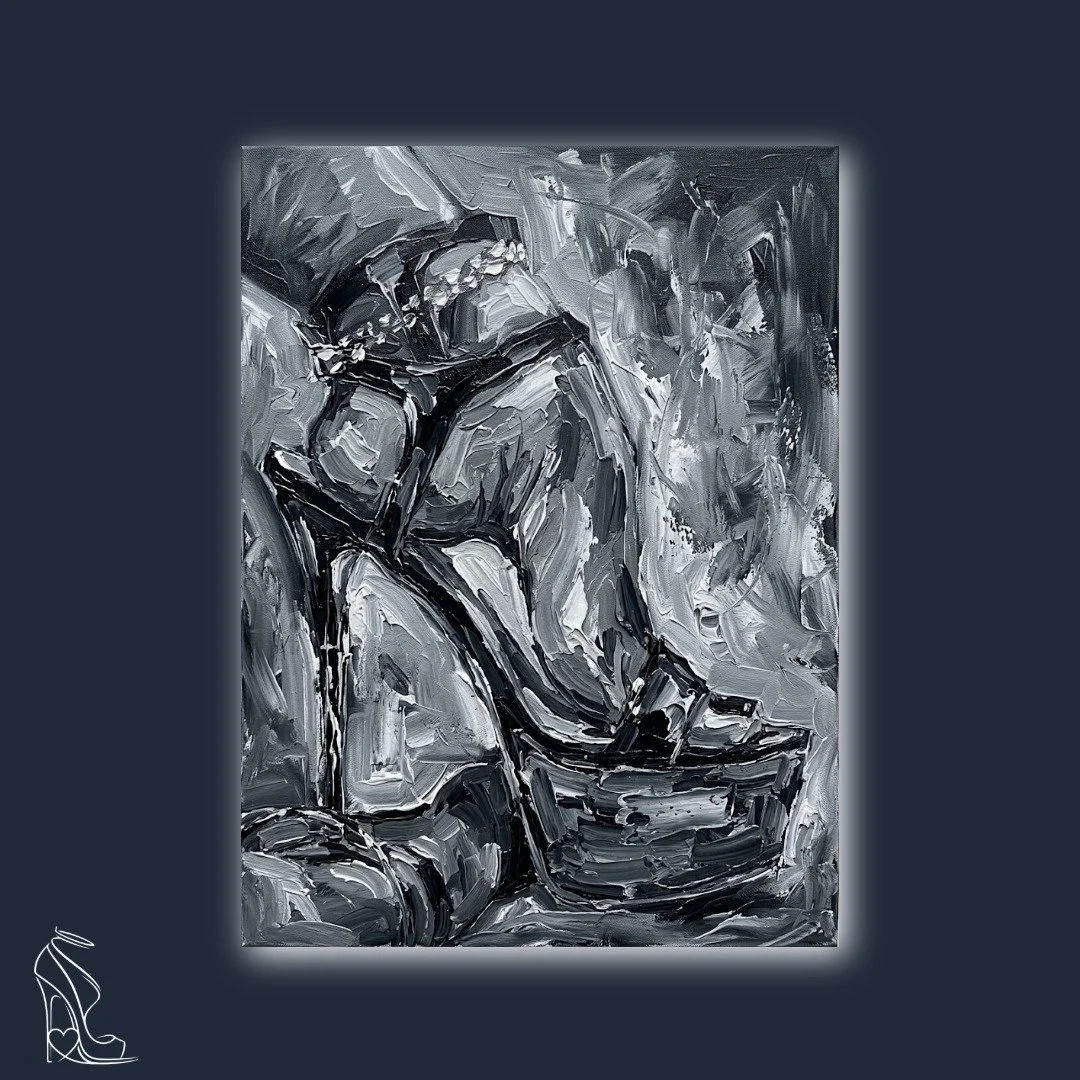 Monochrome digital impasto stiletto art with thick paint strokes and heavy textural depth on a sharp heel arch.