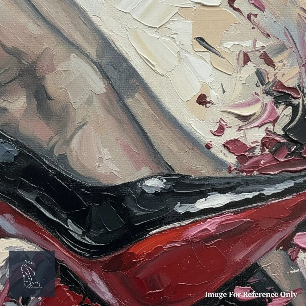 Detailed view of the thick oil paint and palette knife work on the red sole of a stiletto, showcasing the rich texture and depth.
