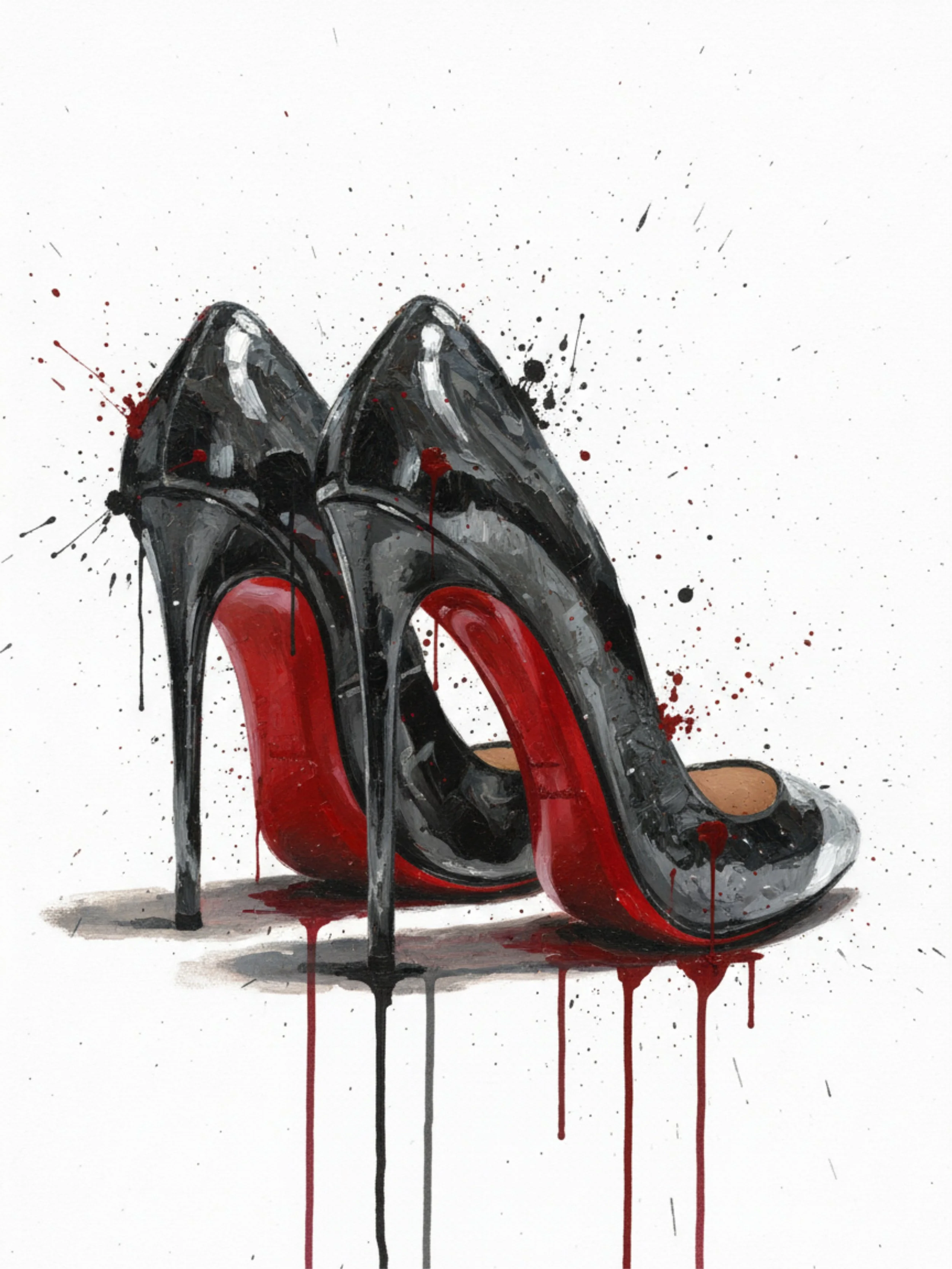 An expressive painting of black patent leather stilettos with red soles, rendered dynamically with energetic paint splatters and dripping black and red streaks on a stark white canvas.