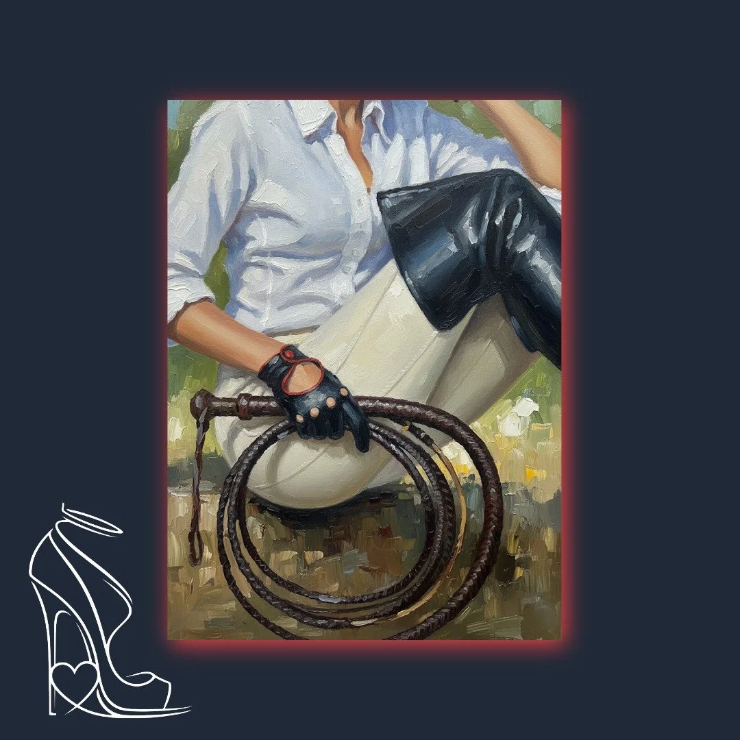 A powerful digital impasto canvas from 'The Architecture of Dominance,' embodying the authoritative allure of equestrian fetish and leather discipline, infused with the spirit of high heel obsession.