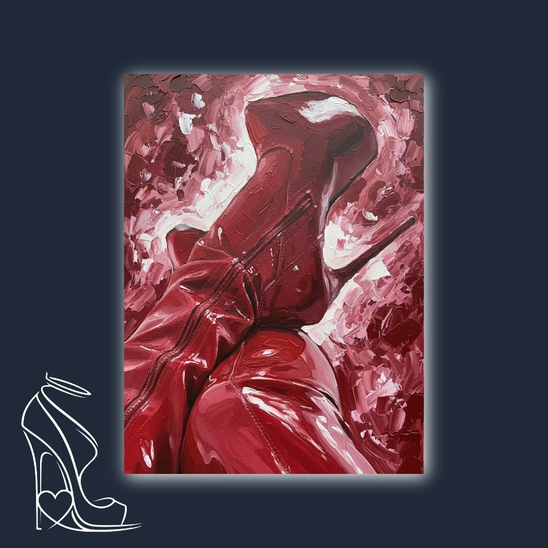 An original oil painting by Mark Lee, depicting extreme glossy red PVC platform boots with commanding stiletto heels, rendered in bold impasto textures, exuding raw power and sensual allure.