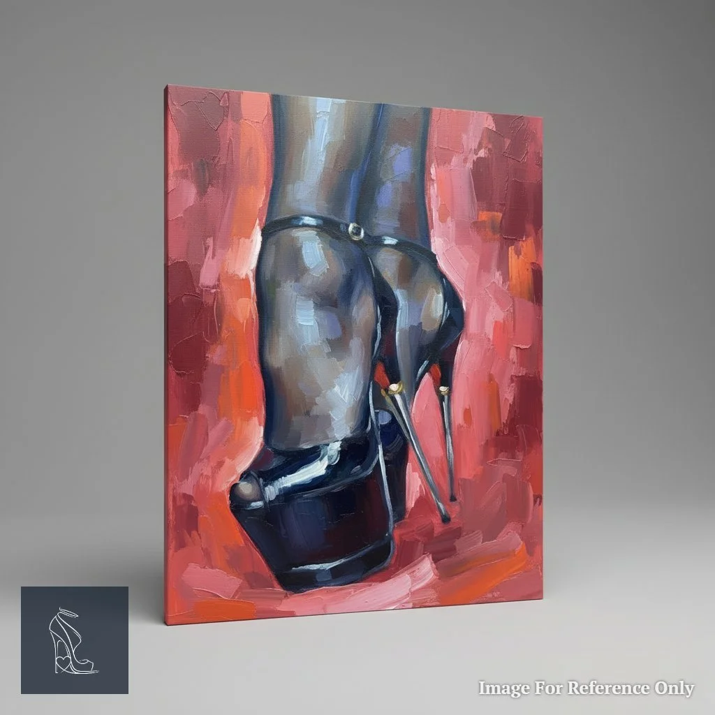 3D rendering of Mark Lee's 'Crimson Ascent,' an oil painting of a woman's feet in black stiletto high heels with a metal stiletto and alluring peep toe, providing a gallery perspective.