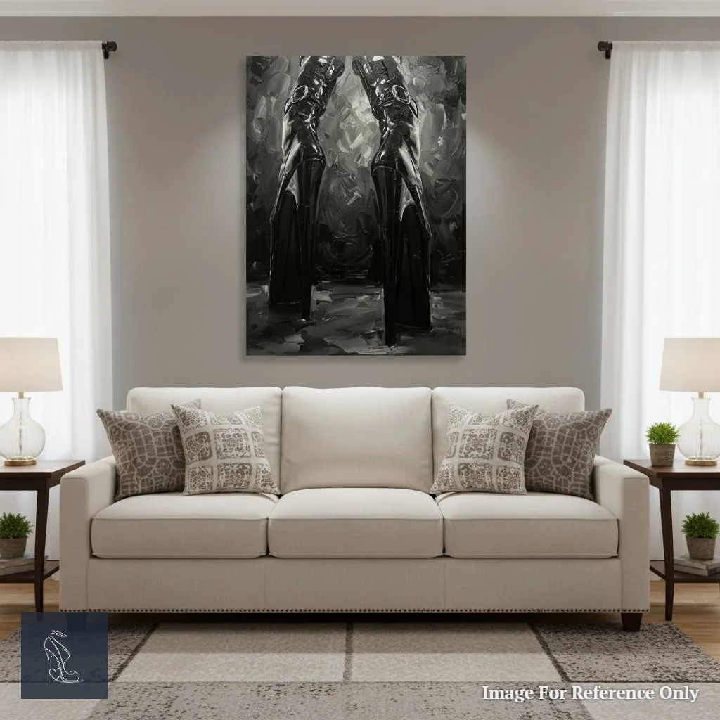 Mark Lee's stiletto high heel art, 'Vertiginous Dominion,' commanding attention above a sofa in a modern, dark luxury living room setting.