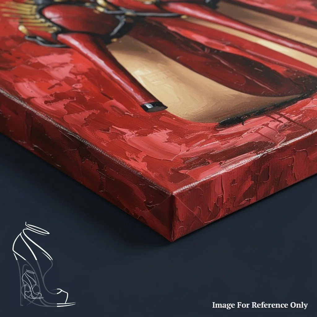 Close-up of the textured canvas corner of 'Crimson Dominion', revealing the thick impasto strokes and vibrant red and gold details.