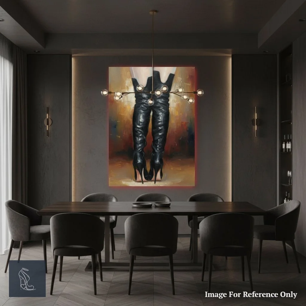Mark Lee's 'Ritual Boots' artwork, featuring elegant black stiletto boots, as a bold focal point in a contemporary dining room setting.