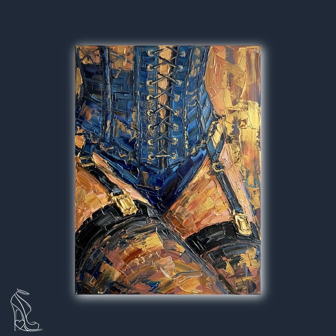 Thick impasto digital oil painting of a blue laced corset and black garters with heavy gold textural highlights.