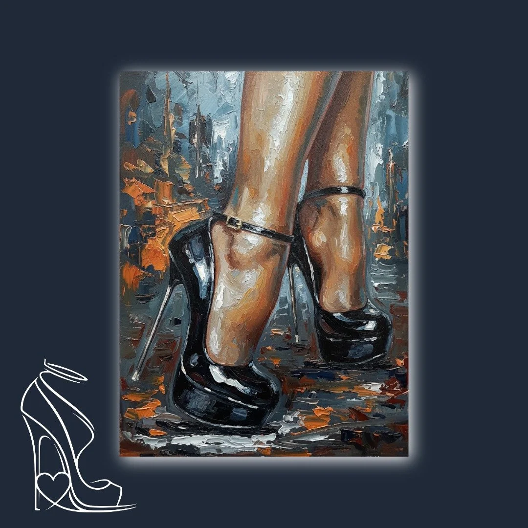 A vibrant, textured oil painting capturing the seductive power of stiletto high heels and the alluring arch of the foot.
