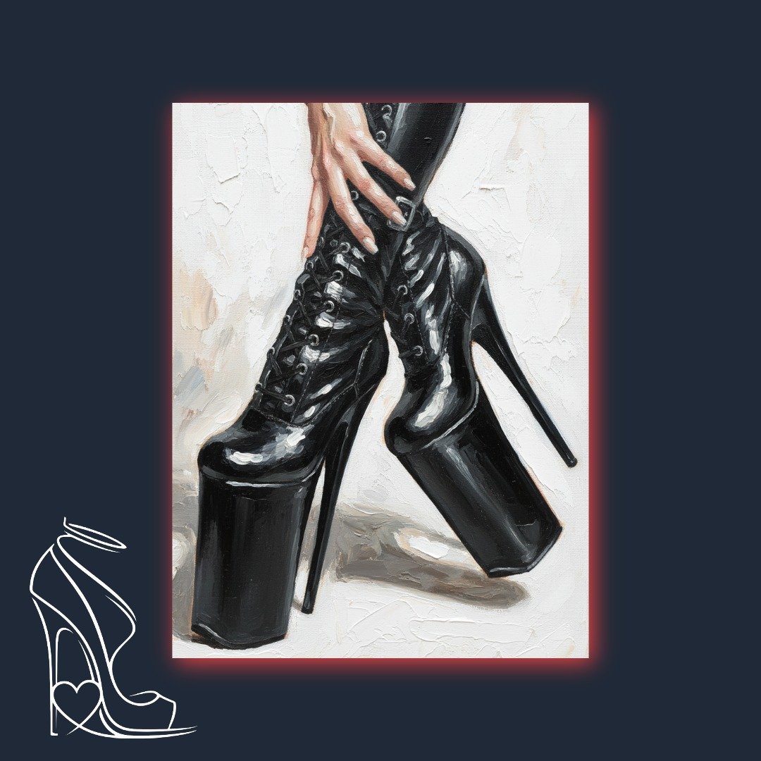 A commanding digital impasto portrayal of extreme platform stiletto boots in glossy patent leather, capturing the essence of power and sublimation in footwear fetish art.