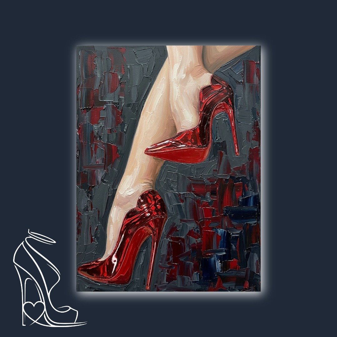 A commanding oil painting by Mark Lee, featuring vivid red patent leather stilettos against a dark, textured background, exuding power and seductive allure.