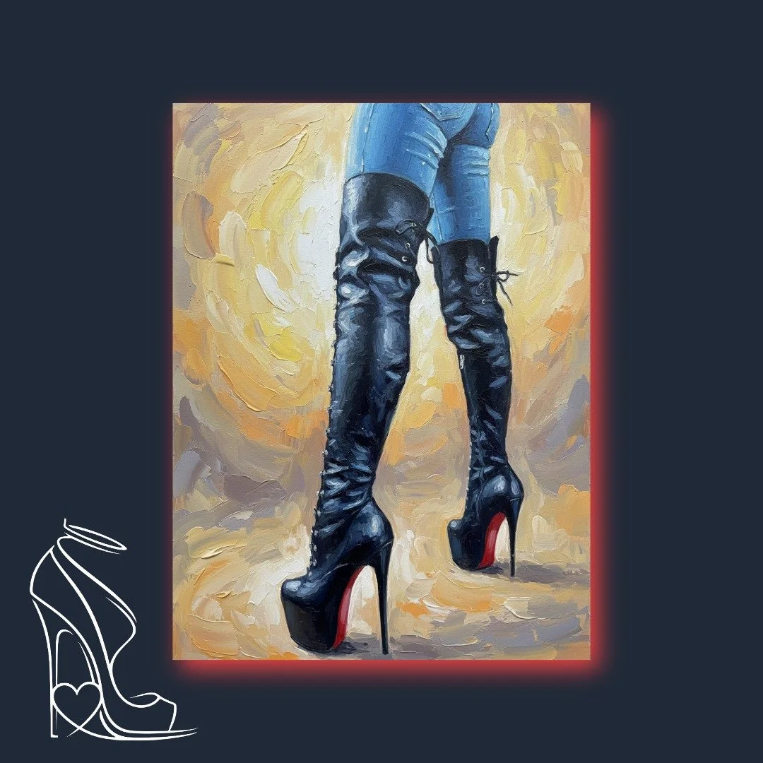 A commanding oil painting capturing the formidable allure of over-the-knee stiletto boots and the powerful stance of the wearer, a new highlight from the V Collection.