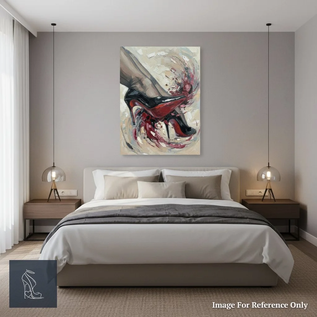 A dramatic painting of black and red stilettos with thick impasto texture hanging above a modern bed, evoking a mood of sensual dominance.