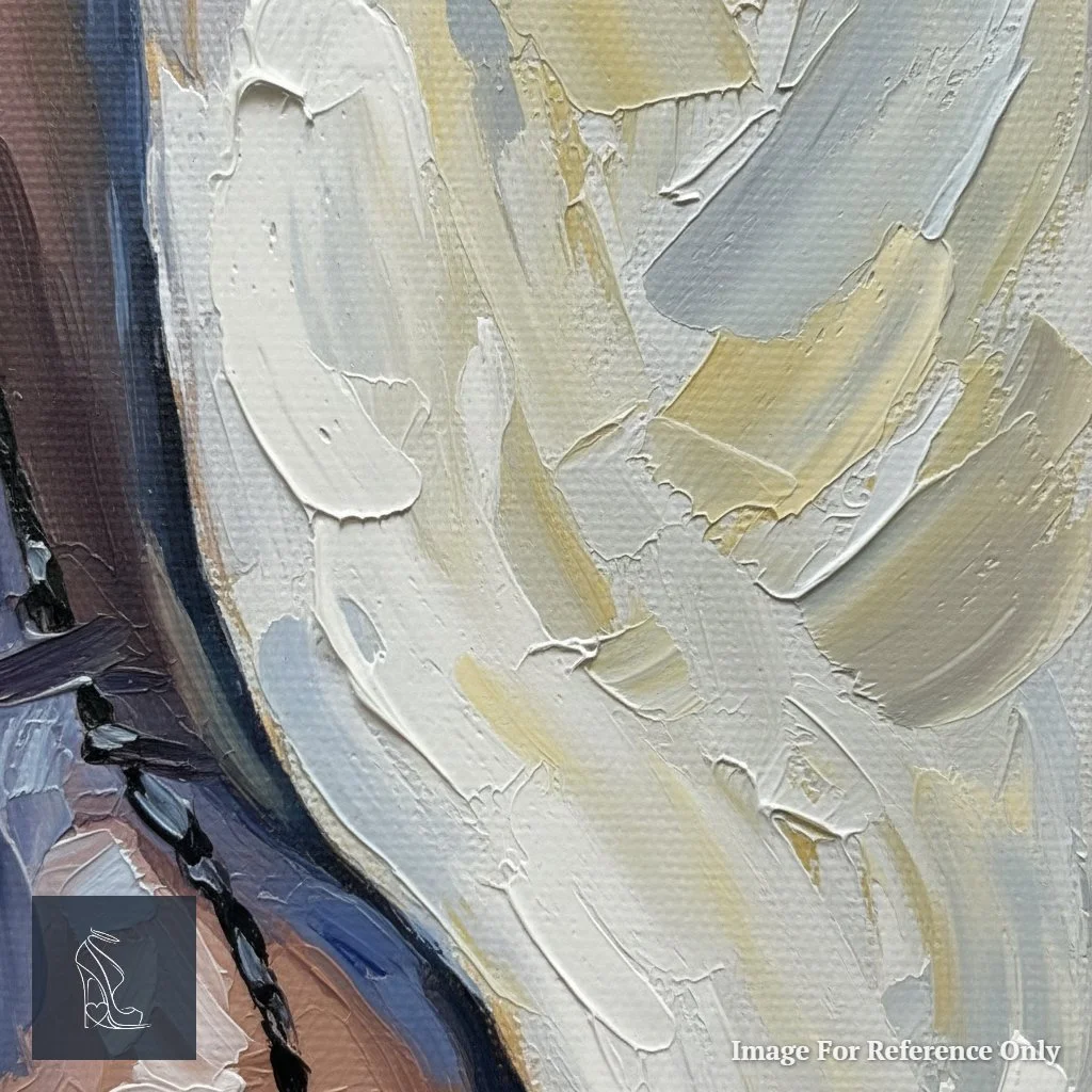 Macro shot of the painting's texture, highlighting the thick oil paint on the black patent heel and the detailed nylon seam.