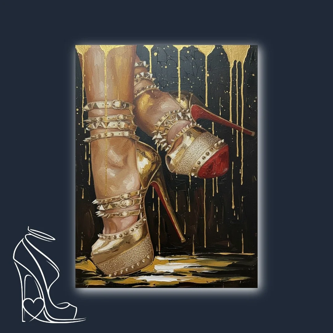 An opulent oil painting by Mark Lee featuring gold-studded stiletto high heels on a dramatic black background, accentuated by dripping liquid gold.