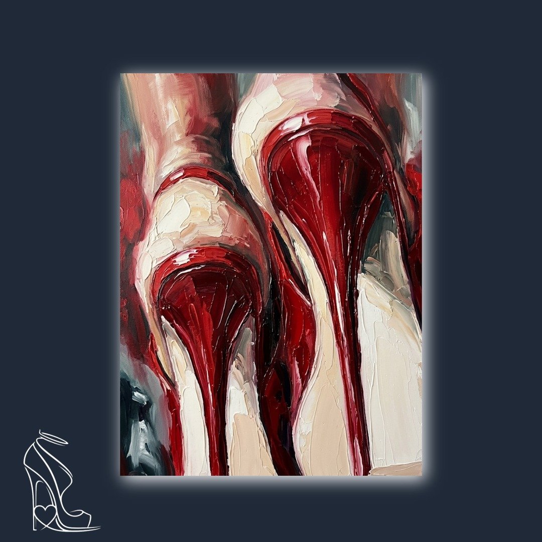Digital impasto painting of glossy red stiletto heels, thick textured oil paint strokes emphasizing the arch and leather sheen.