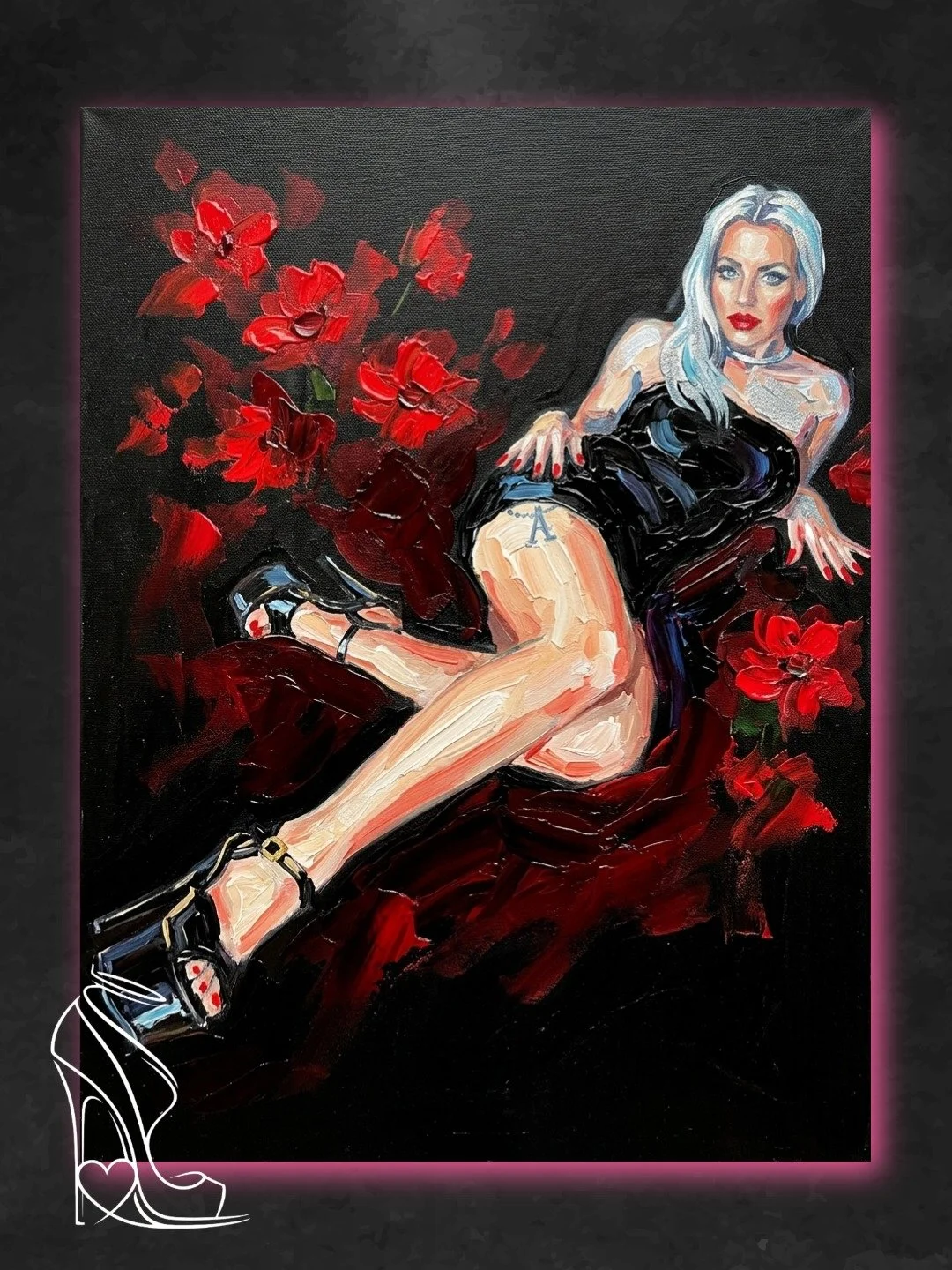 Taylor Blue portrait in glossy black dress and stiletto heels among red flowers in heavy impasto style.