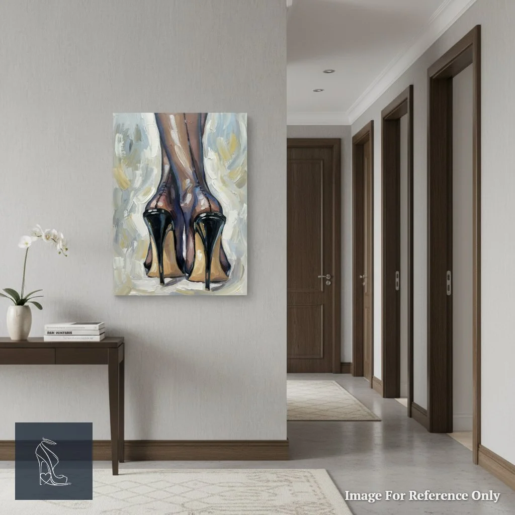 Mark Lee's stiletto fetish art displayed in a modern hallway, the thick impasto texture catching the overhead light.