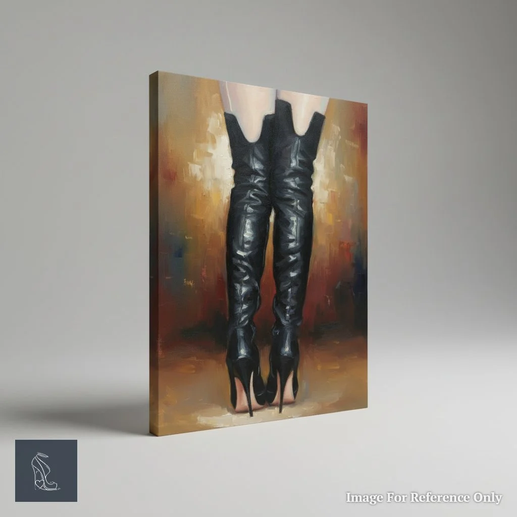 3D rendered view of Mark Lee's 'Ritual Boots' artwork, emphasizing the dynamic composition of black fetish boots and stiletto heels against an abstract background.