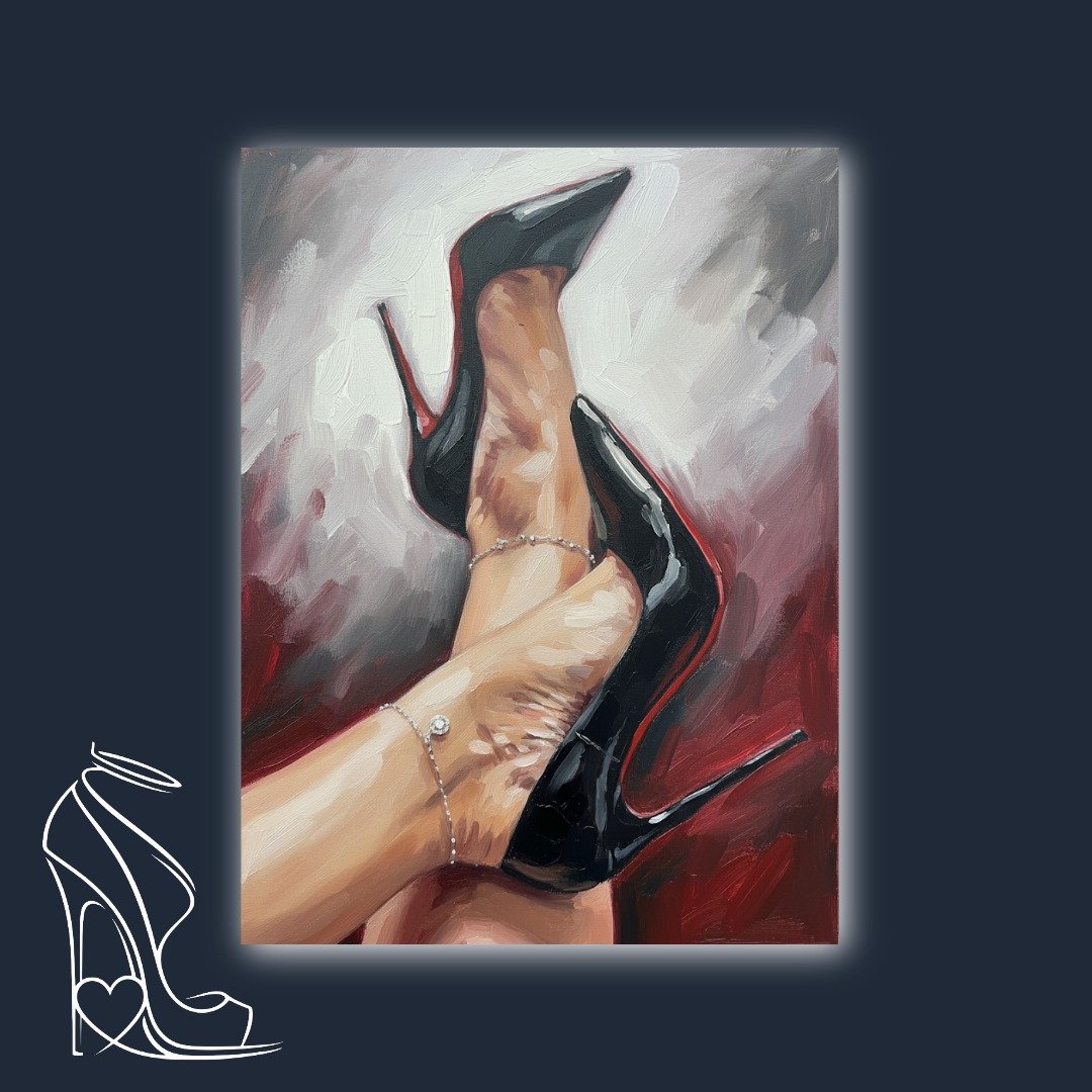 Mark Lee's 'Crimson Confessions' is a captivating oil painting depicting elegant stiletto high heels with red soles and diamond anklets, exploring themes of power, allure, and refined fetishism.