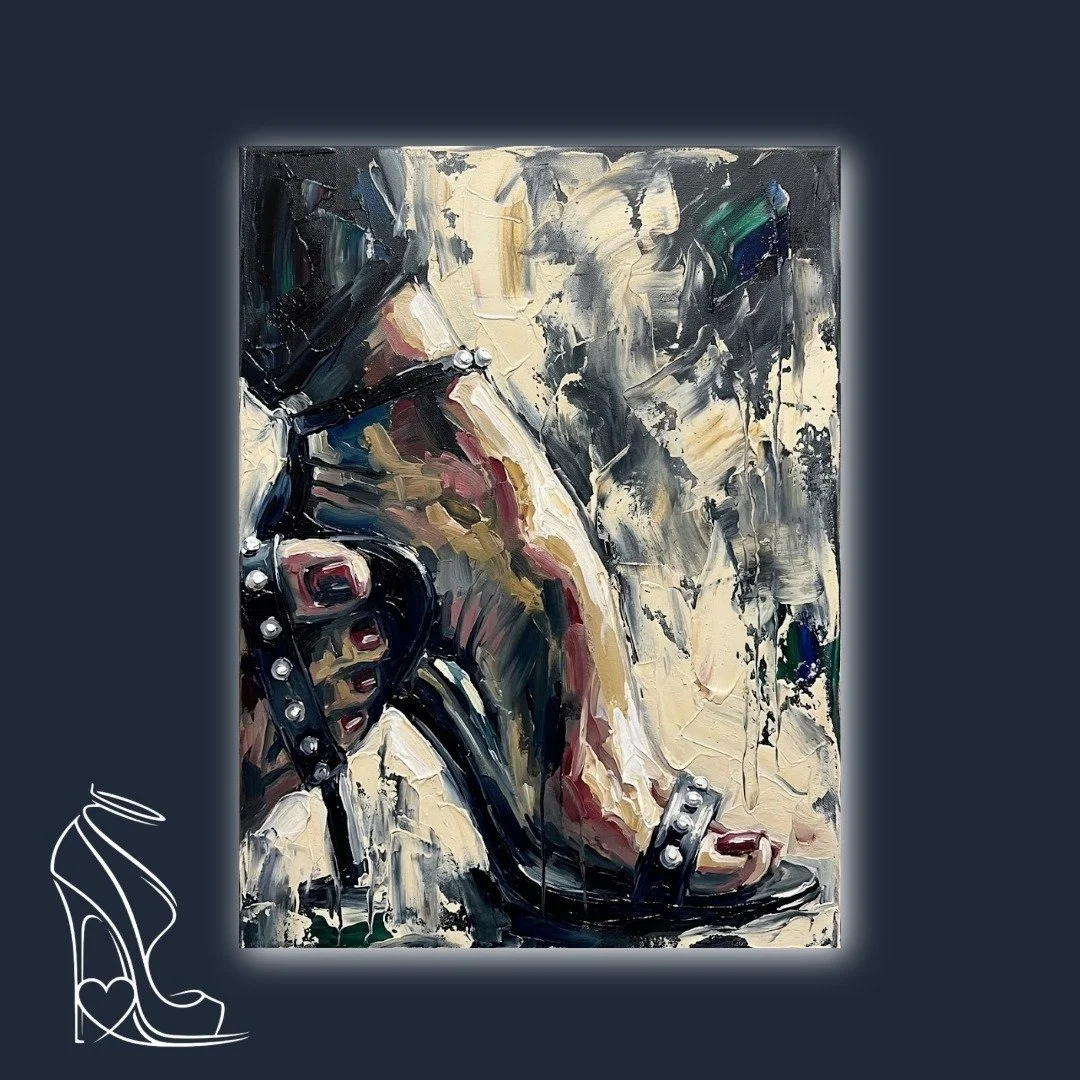 Thick impasto digital painting of a black stiletto heel with heavy textural strokes and a sharp arch.