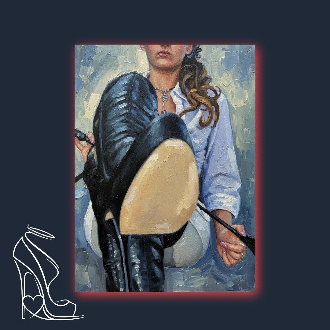 An impasto ode to the commanding presence of a dominatrix, featuring a striking black leather boot and the alluring curve of a stiletto sole.
