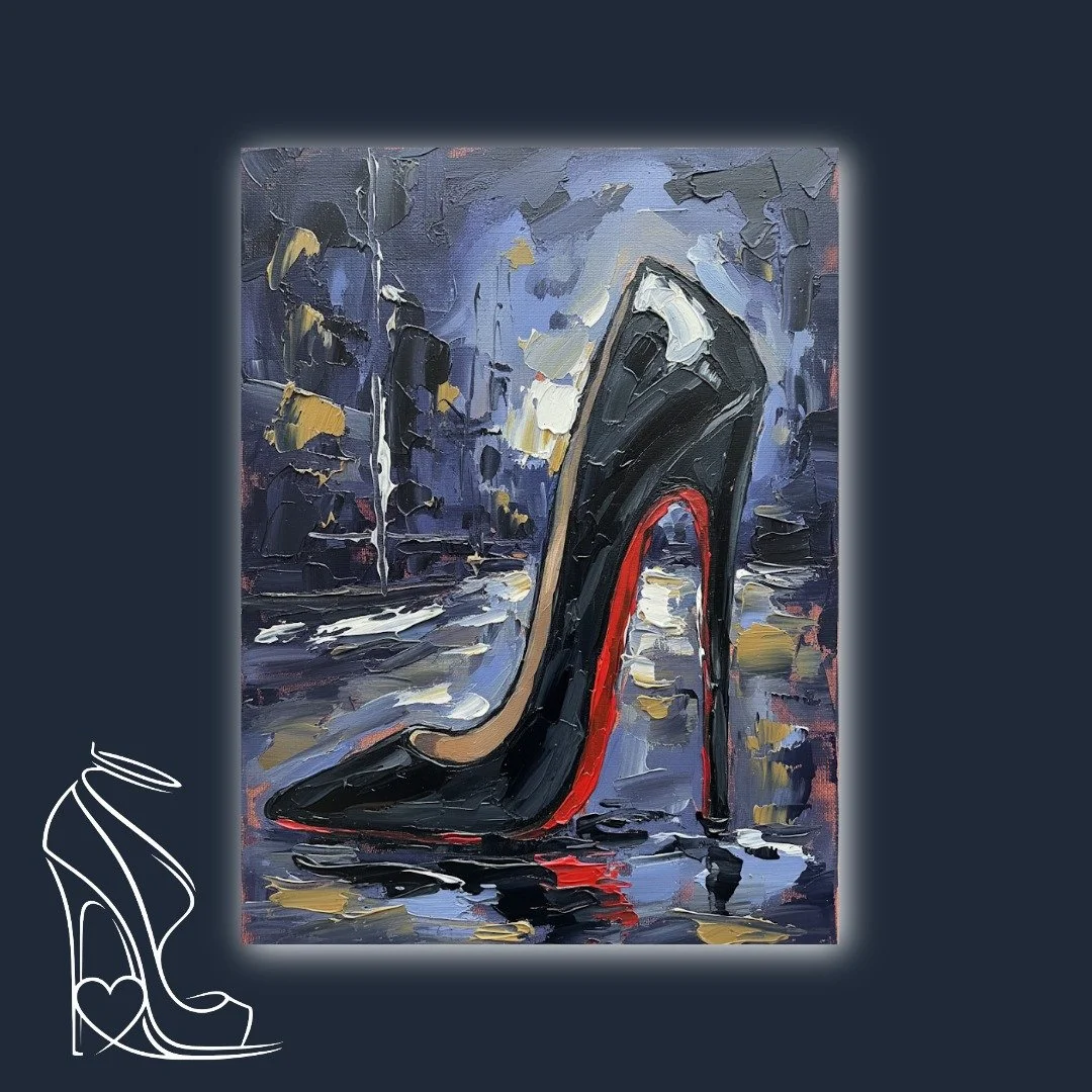 A bold impasto oil painting by Mark Lee, depicting a glossy black stiletto high heel with a vibrant red sole, reflecting the seductive mystery of a wet, nocturnal street.