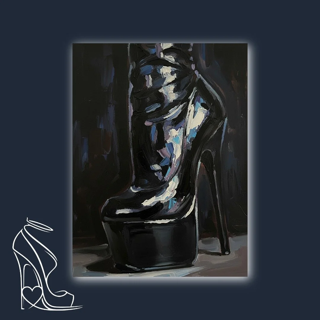 A bold, impasto oil painting depicting a glossy black platform stiletto boot, rendered with striking white and blue highlights, embodying power and fetish allure.