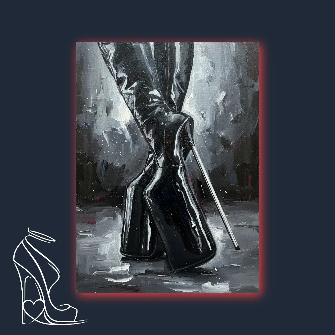 A commanding digital impasto portrayal of towering black stiletto boots, reflecting the potent allure and architectural dominance of extreme fetish footwear, inspired by @LeatherVikki.