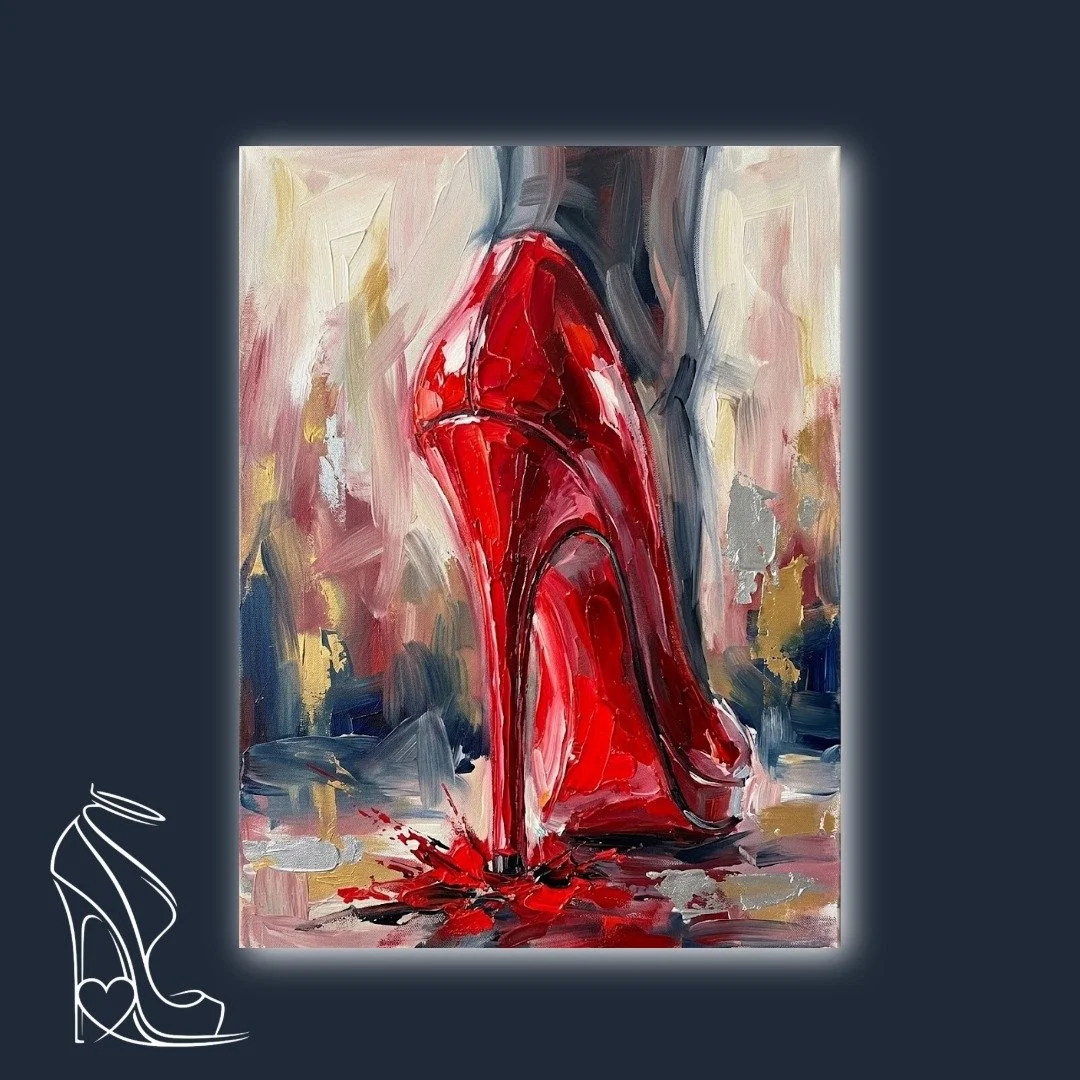 Heavy digital impasto art of a red stiletto heel with thick textured paint strokes and dramatic scarlet splashes.