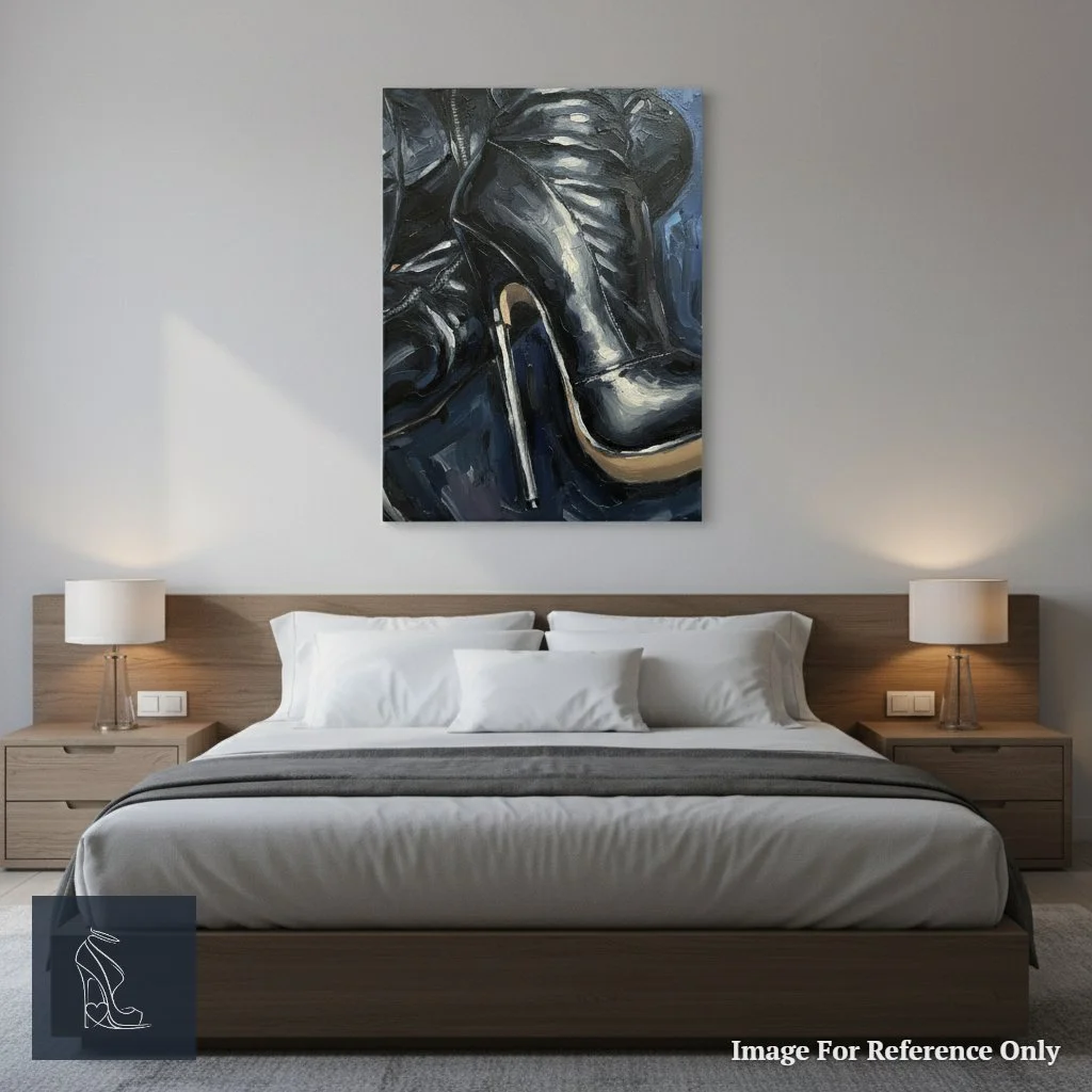 Mark Lee's Sleek Supremacy stiletto art print displayed prominently in a modern bedroom, adding a touch of bold fetish elegance.