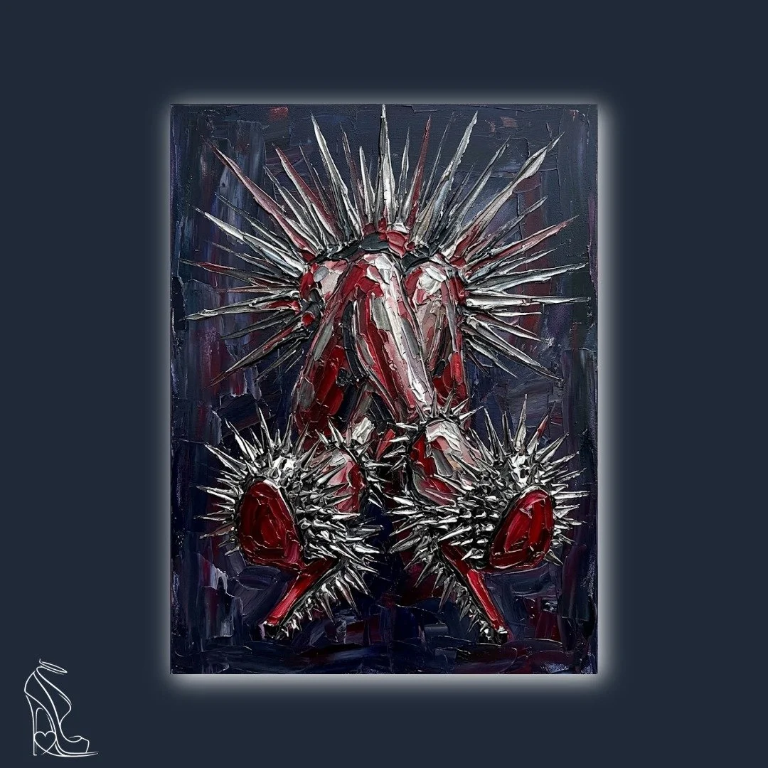 Thick impasto digital art of red stilettos with silver spikes, focus on heavy paint texture and fetish heels.