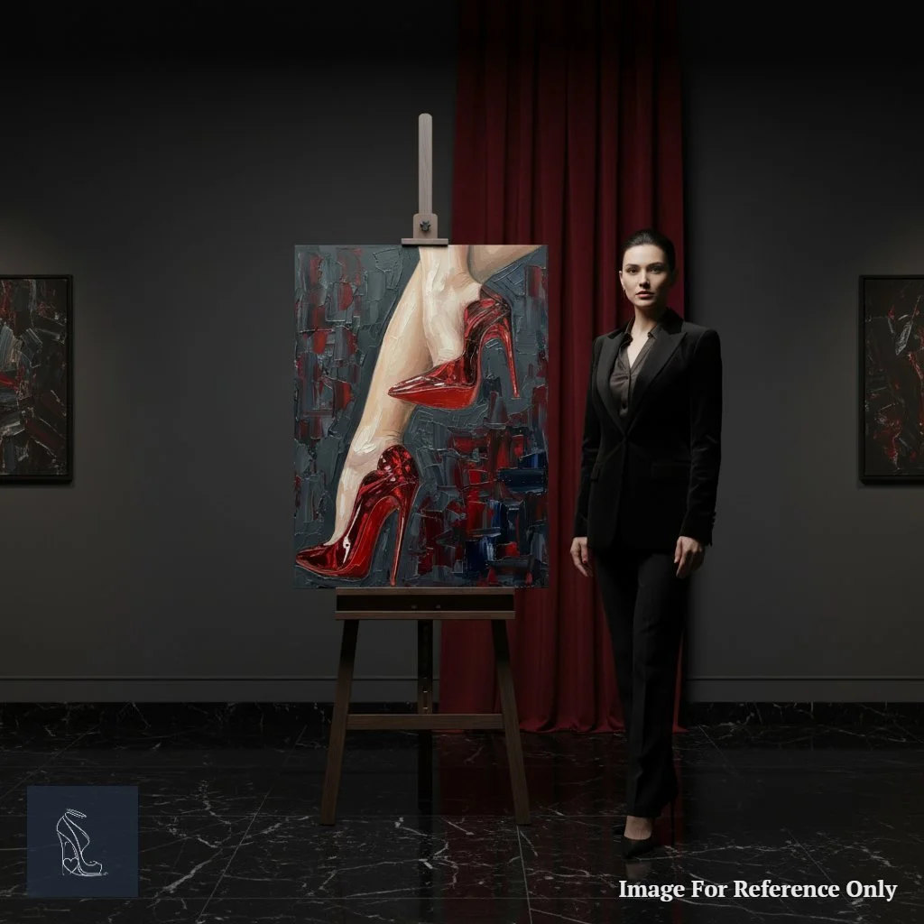An art collector carefully holding Mark Lee's 'Crimson Command' painting, showcasing the captivating details of the red stiletto and textured background.