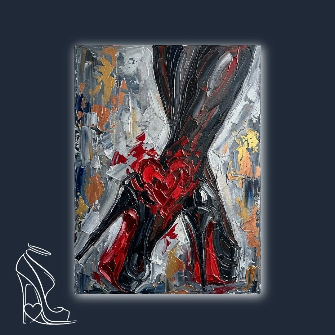 Thick digital impasto painting of black stilettos with red soles and a heavy red heart texture, luxury fetish aesthetic.