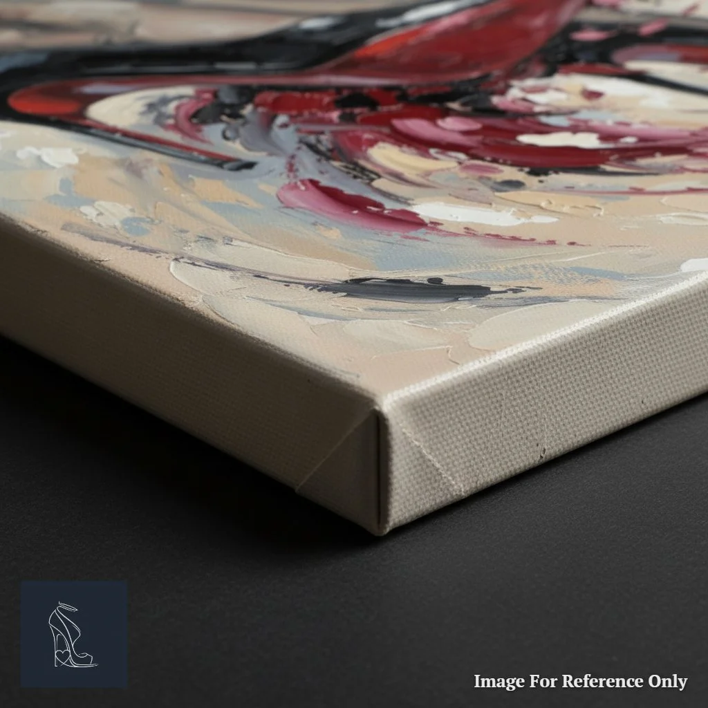 Close-up of the canvas corner wrap, showing the continuation of the cream and red paint strokes around the edge of the frame.