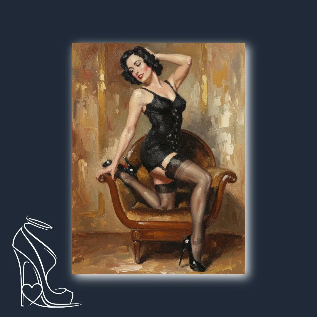 A captivating oil painting depicting a woman in vintage lingerie and alluring black stilettos, embodying classic fetish glamour.