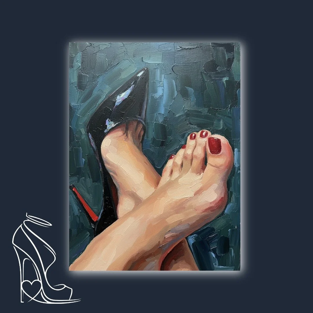 A sensual exploration of the iconic stiletto, featuring glossy patent leather and luscious red soles juxtaposed with delicate, perfectly pedicured feet, rendered in bold impasto oil.