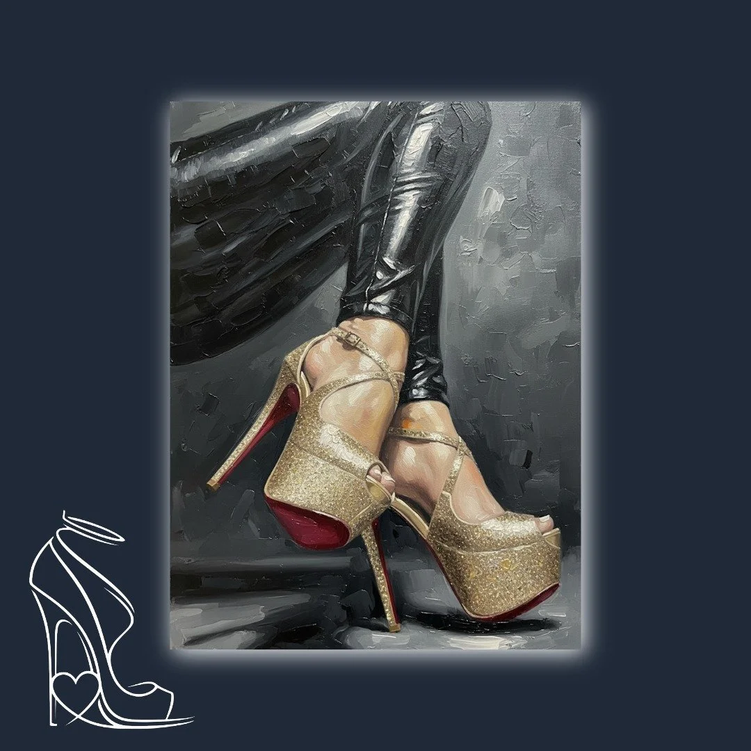 A potent oil painting capturing the seductive allure of glittering gold platform stilettos with iconic red soles, paired with sleek black patent leggings.
