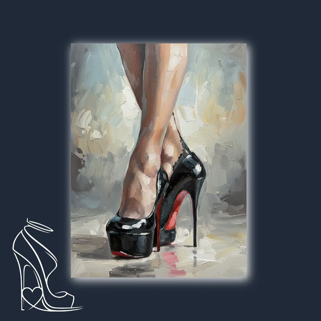 An oil painting celebrating the captivating allure of black patent leather stiletto high heels with signature red soles, rendered with striking impasto texture.
