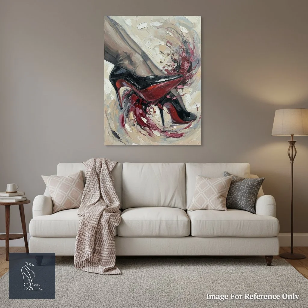 Large canvas art of high heels featuring heavy palette knife strokes, adding an edgy and sophisticated aesthetic to a contemporary living space.