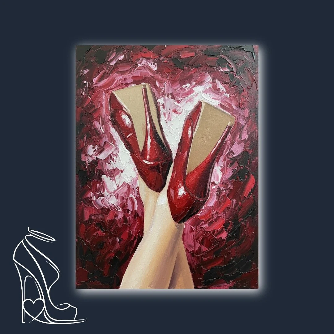 An intense impasto oil painting by Mark Lee featuring a provocative, intimate view of two glossy red stiletto high heels with soles exposed, set against a vibrant crimson background.
