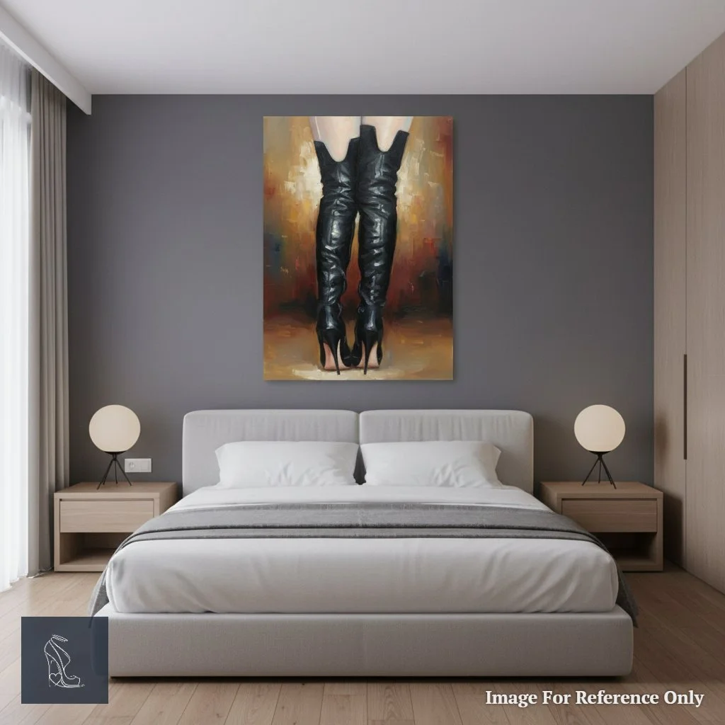 Fine art print of Mark Lee's 'Ritual Boots' enhancing a modern bedroom with its striking depiction of glossy black stiletto thigh-high boots.