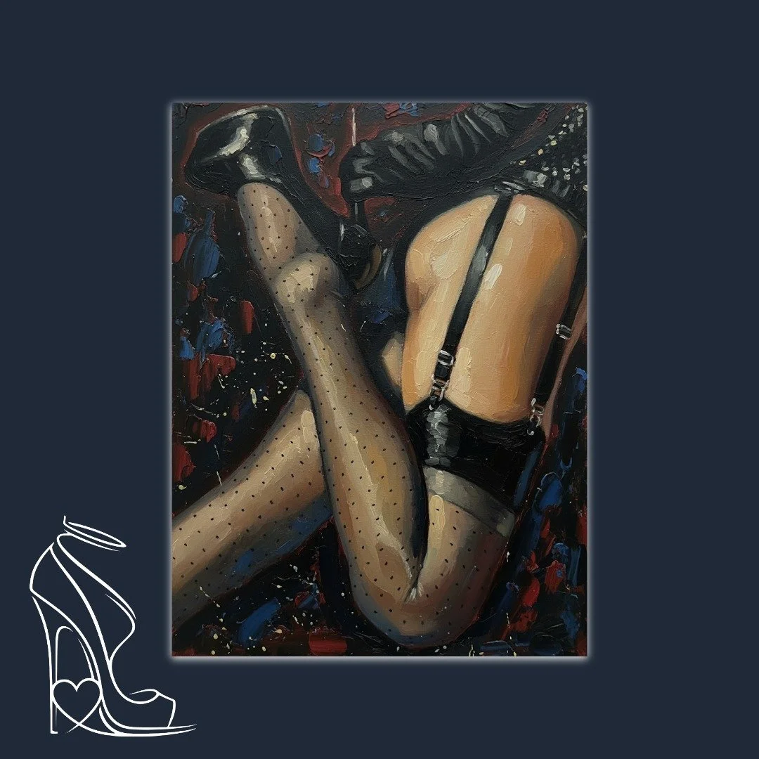Large oil painting of a woman in stiletto heels and polka-dot stockings hanging above a modern bed with dark linens, adding a provocative touch to the bedroom decor.